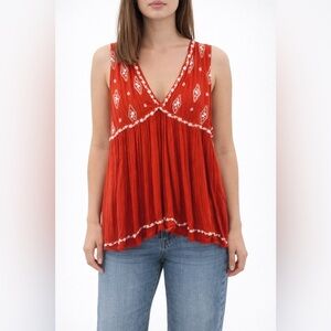 Free People Diamond Embroidered Red Boho V Neck Top - Size XS